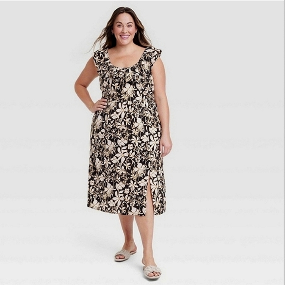 Ruffle Sleeveless A-Line Midi Dress | Ava & Viv | Black Floral